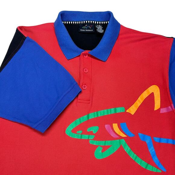 VTG Greg Norman Polo Mens L Shark Wrap Around Colorblock Shirt 90s Red Blue Blac - Picture 3 of 12